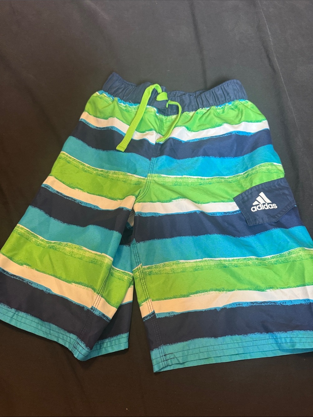 adidas Green, Blue & White Striped Kids Swim Shorts